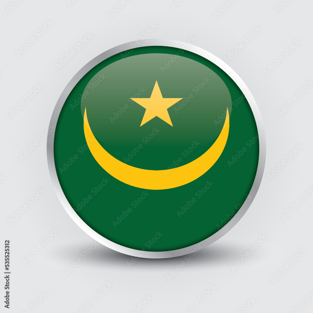Mauritania round flag design is used as badge, button, icon with reflection of shadow. Icon country. Realistic vector illustration. Mauritania round flag design is used as badge, button, icon with reflection of shadow. Icon country. Realistic vector illustration.