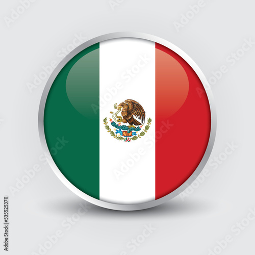 Mexico round flag design is used as badge, button, icon with reflection of shadow. Icon country. Realistic vector illustration.