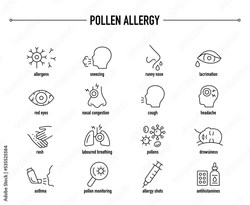Pollen allergy vector icon set. Line editable medical icons. - obrazy, fototapety, plakaty 