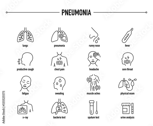 Pneumonia vector icon set. Line editable medical icons.
