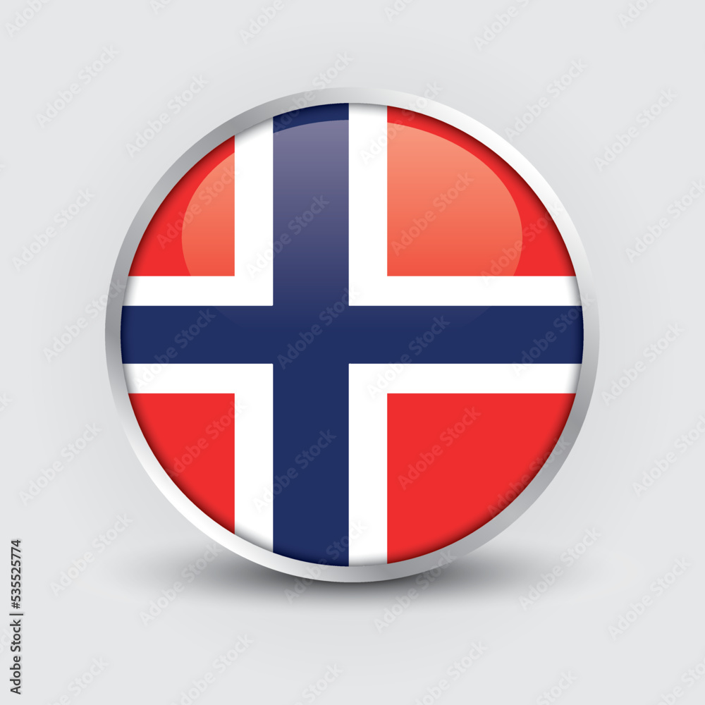 Norway round flag design is used as badge, button, icon with reflection of shadow. Icon country. Realistic vector illustration.