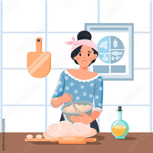 A happy young baker woman kneads baking dough in the kitchen. The girl cooks at home. Favorite hobby, home business. Vector illustration