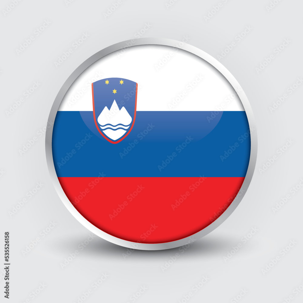 Slovenia round flag design is used as badge, button, icon with reflection of shadow. Icon country. Realistic vector illustration.