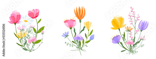 Vector floral bouquet illustration. Set of leaves, wildflowers, twigs, floral arrangements. Beautiful compositions of field grass and bright spring flowers.