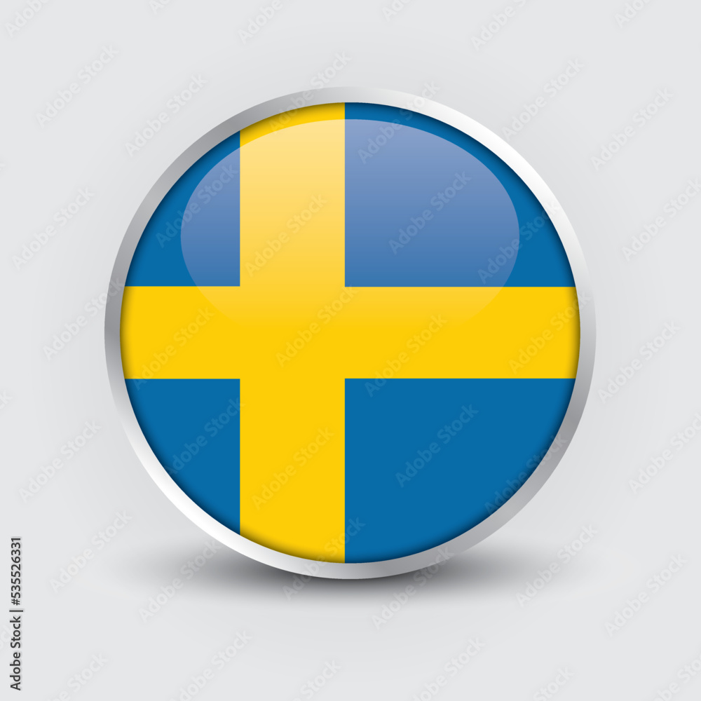 Sweden round flag design is used as badge, button, icon with reflection of shadow. Icon country. Realistic vector illustration. Sweden round flag design is used as badge, button, icon with reflection of shadow. Icon country. Realistic vector illustration.
