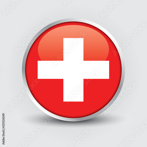 Switzerland round flag design is used as badge, button, icon with reflection of shadow. Icon country. Realistic vector illustration.