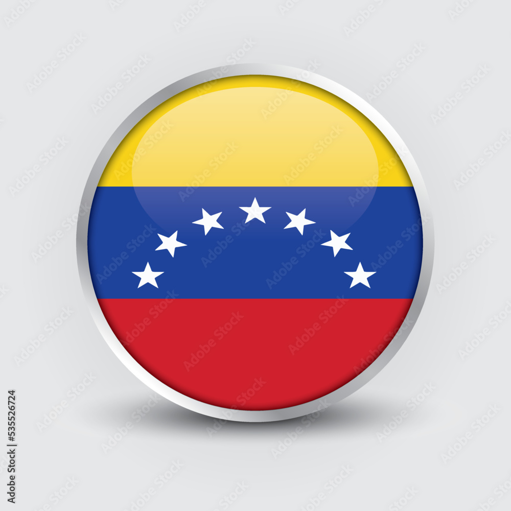 Venezuela round flag design is used as badge, button, icon with reflection of shadow. Icon country. Realistic vector illustration. Venezuela round flag design is used as badge, button, icon with reflection of shadow. Icon country. Realistic vector illustration.