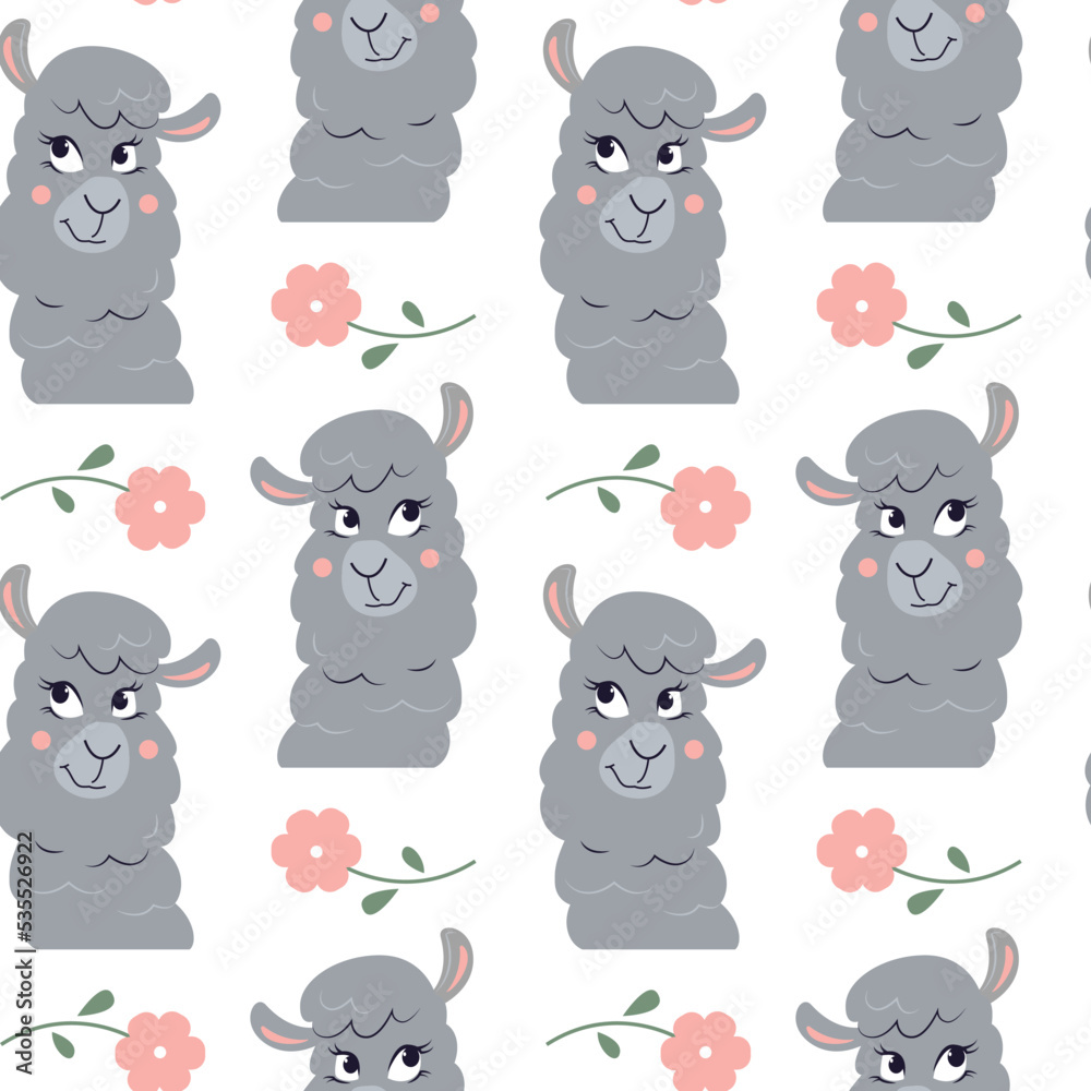Vector seamless pattern with flowers and cartoon funny lamas. Animal character wallpaper. Head of nice alpaca. 