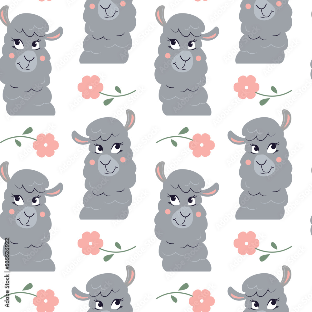 Vector seamless pattern with flowers and cartoon funny lamas. Animal character wallpaper. Head of nice alpaca. Vector seamless pattern with flowers and cartoon funny lamas. Animal character wallpaper. Head of nice alpaca.