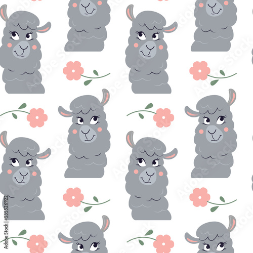 Vector seamless pattern with flowers and cartoon funny lamas. Animal character wallpaper. Head of nice alpaca. 