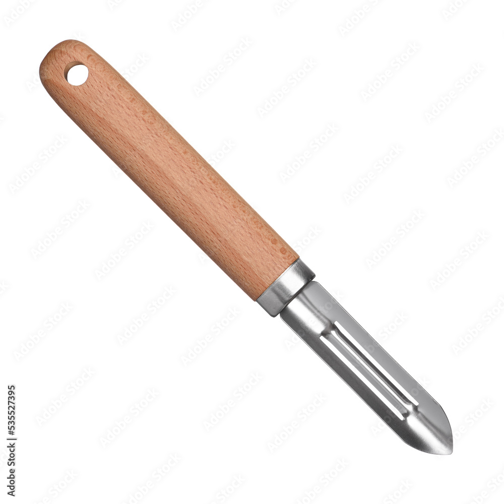 Vegetable peeler isolated on white background. New clean potato peeler with wooden handle. Vegetable peeler isolated on white background. New clean potato peeler with wooden handle.