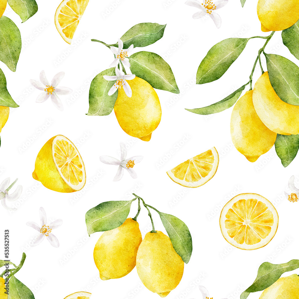 Watercolor seamless pattern with lemons and flowers isolated on white ...