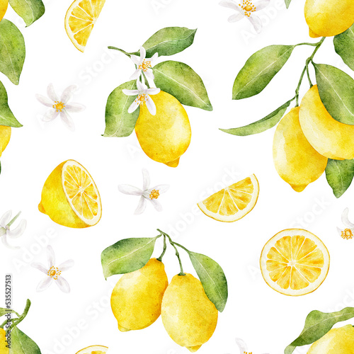 Watercolor seamless pattern with lemons and flowers isolated on white background.