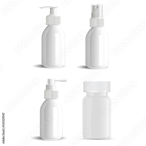 White medical bottle mockup set. Spray dispenser, pill jar