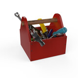 Red toolbox with tools. Sckrewdriver, hammer, handsaw and wrench. Under construction, maintenance, fix, repair, premium service High quality 3d render isolated on transparent