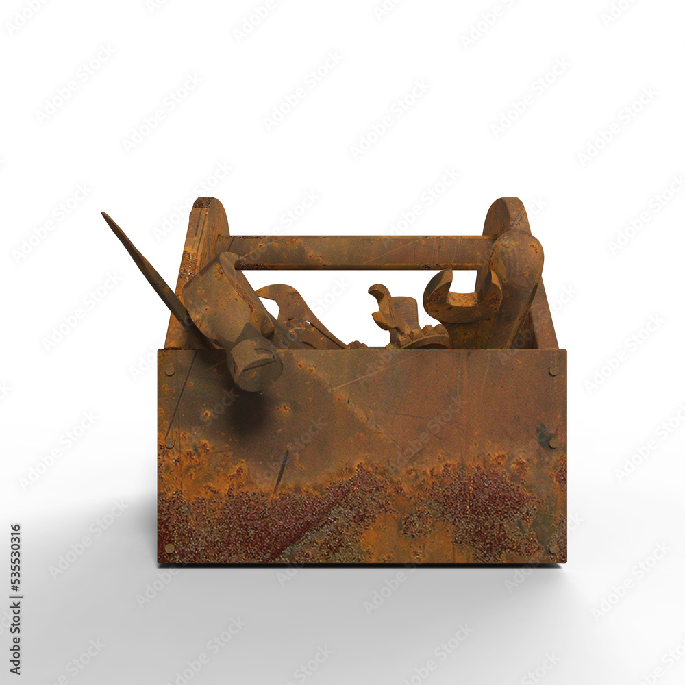 stained wornout toolbox with rusty tools, wrench, spanner, hammer