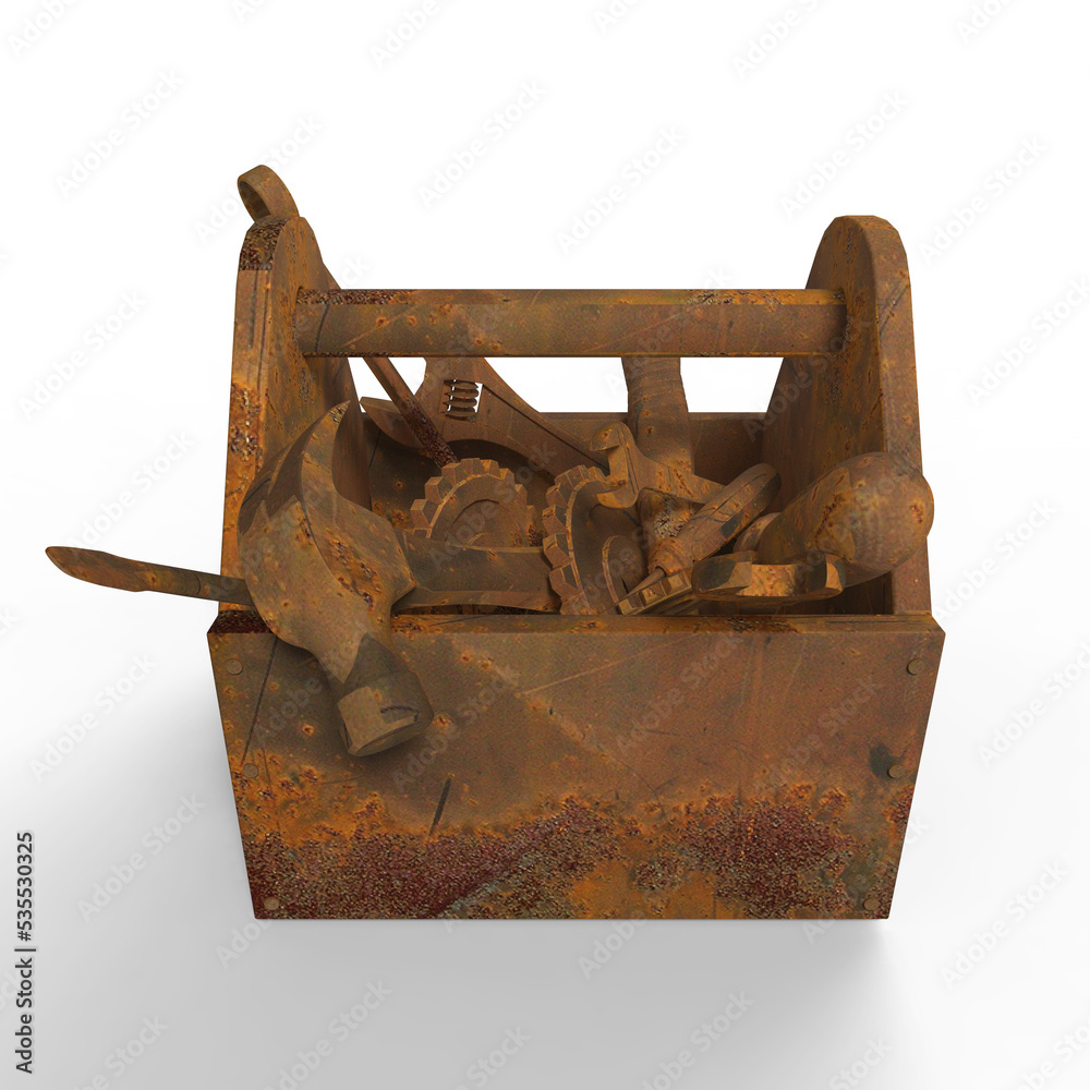 stained wornout toolbox with rusty tools, wrench, spanner, hammer