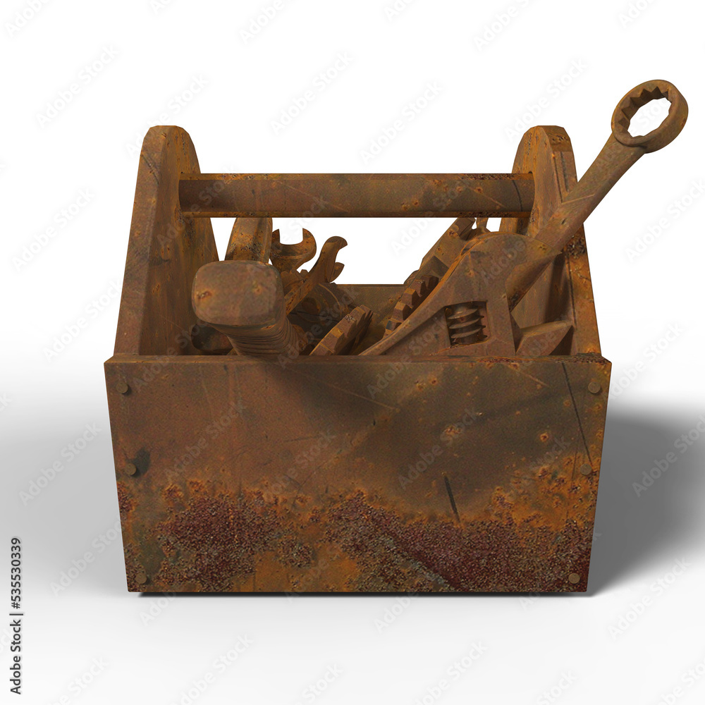 stained wornout toolbox with rusty tools, wrench, spanner, hammer