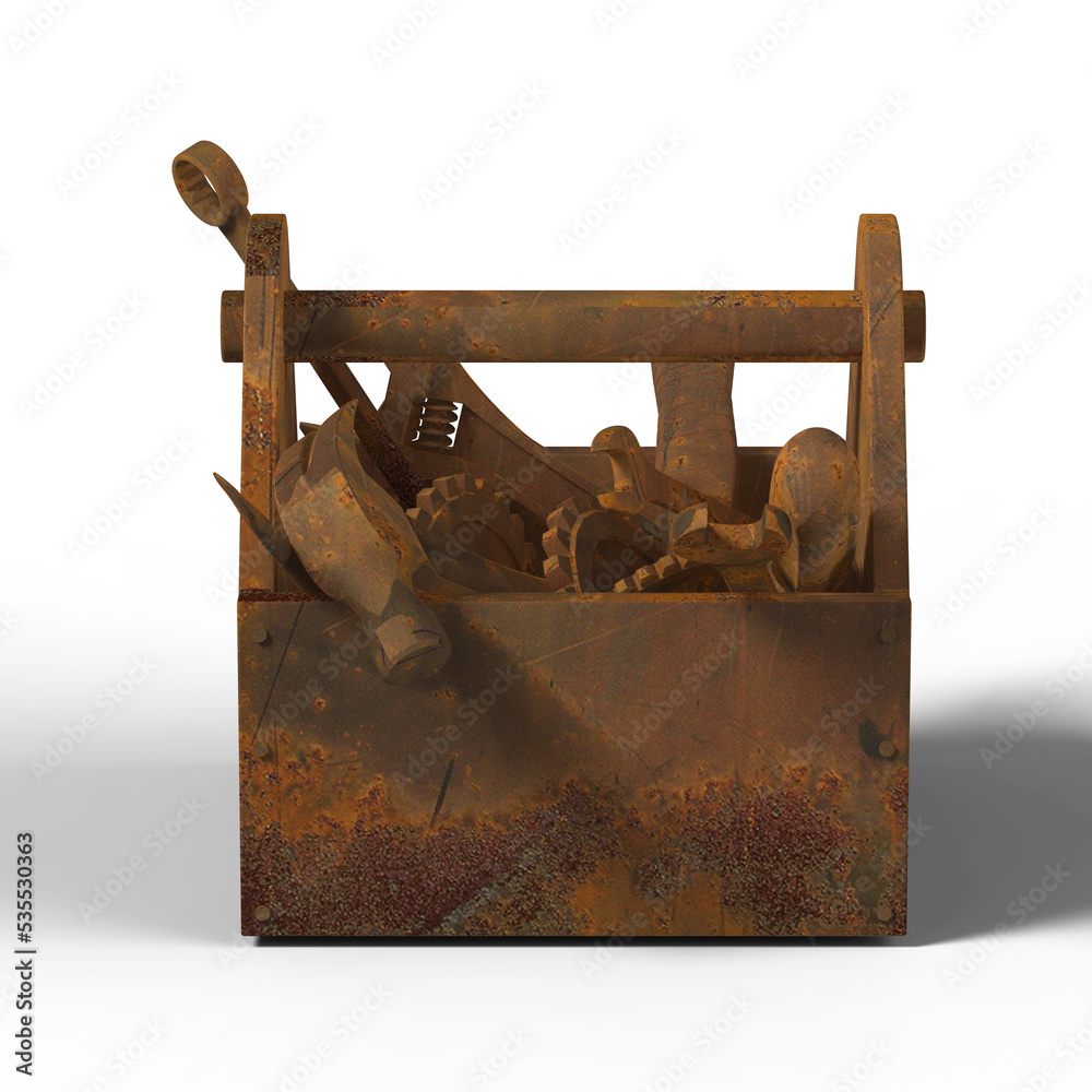 stained wornout toolbox with rusty tools, wrench, spanner, hammer