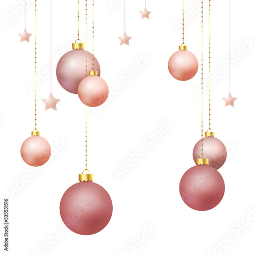 Realistic rose gold Christmas balls decoration with golden ornaments - vector illustration