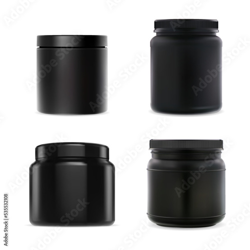 Black plastic sport supplement bottle set mockup. Whey protein powder jar, muscle bodybuilding nutrition. Pill capsule cylinder can for sport workout. Cream or wax packaging design