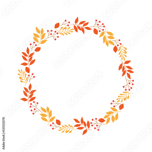 Round frame with autumn twigs and berries. Template for autumn decorative design. Isolated vector illustration 