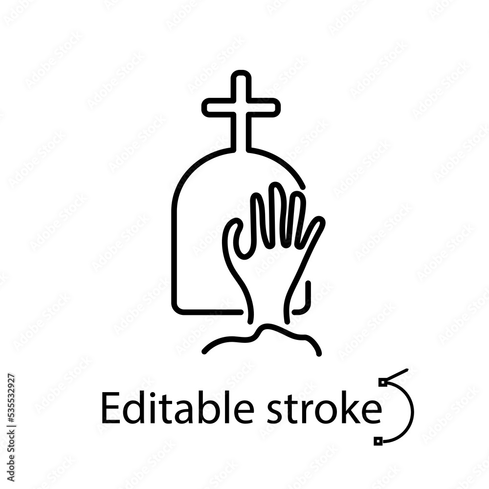Fototapeta premium Zombie hand on graveyard line icon. Happy halloween decoration. Cemetery horror. Isolated vector stock illustration