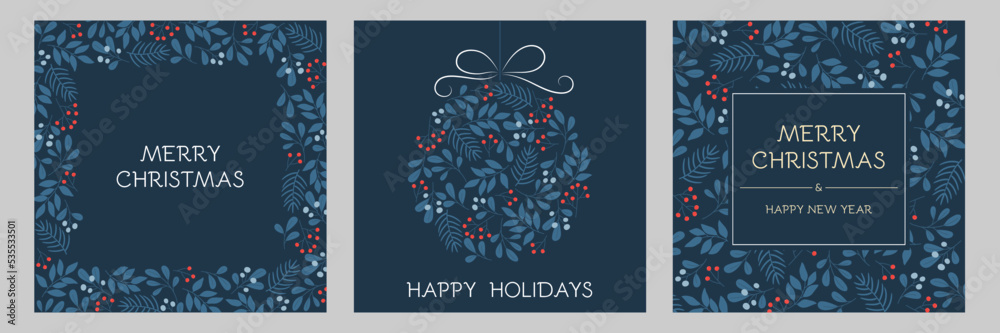 Set of holidays greeting cards with floral frames and Christmas ornament. Winter twigs patterns in blue colors. Set of holidays greeting cards with floral frames and Christmas ornament. Winter twigs patterns in blue colors.
