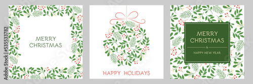 WebSet of holidays greeting cards with floral frames and Christmas ornament. Winter twigs patterns in green colors.  photo