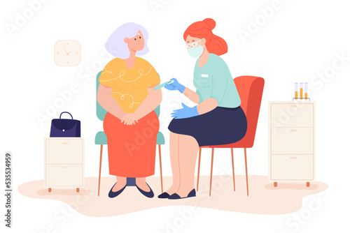 Nurse in mask giving vaccine shot to senior patient. Doctor with syringe and old woman sitting on chairs, vaccine against covid or flu flat vector illustration. Vaccination, health concept for banner