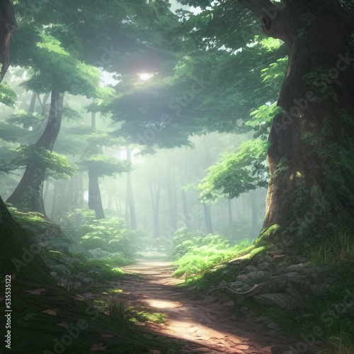 A path in a fantasy mystic forest. Soft sunlight  mysterious haze. Fairytale wallpaper. Dream fantasy scene. 3D render.