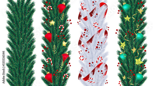 Realistic fir branches wreath decorated with Christmas ornaments like balls, candy cane, berries, ribbons and stars - vector illustration