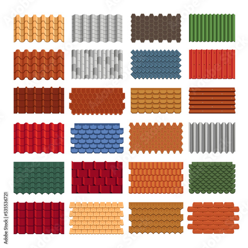 Roofs tiles of different materials vector illustrations set. Cartoon drawings of clay, stone, glass roof profile sheets for house or home roof on white background. Construction, materials concept
