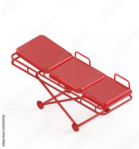 Glossy metal hospital stretcher on wheels isolated on white background isometric 3d rendering on transparent background