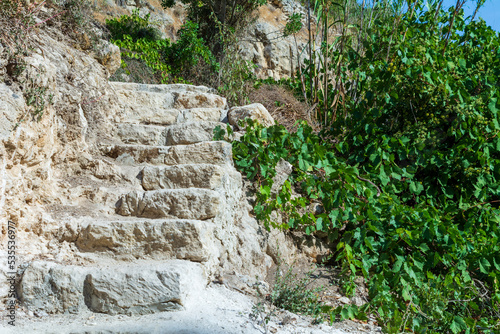An old stone staircase on a walking path