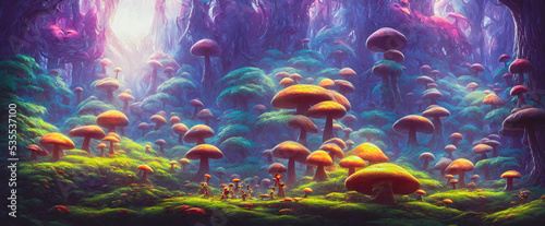 Artistic concept painting of a fabulous mystical mushrooms, background illustration.