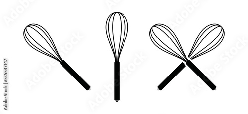 Cross whisk whisking or beater mixer for cooking egg icon vector collection. Stainless steel whisk tool in the kitchen symbol silhouette photo