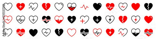 Heart icon in linear design isolated vector signs. Heart vector icons. Red heart icon set. Medicine concept. Symbol cardiogram heart logo in linear style. Medical health care. Love passion concept.