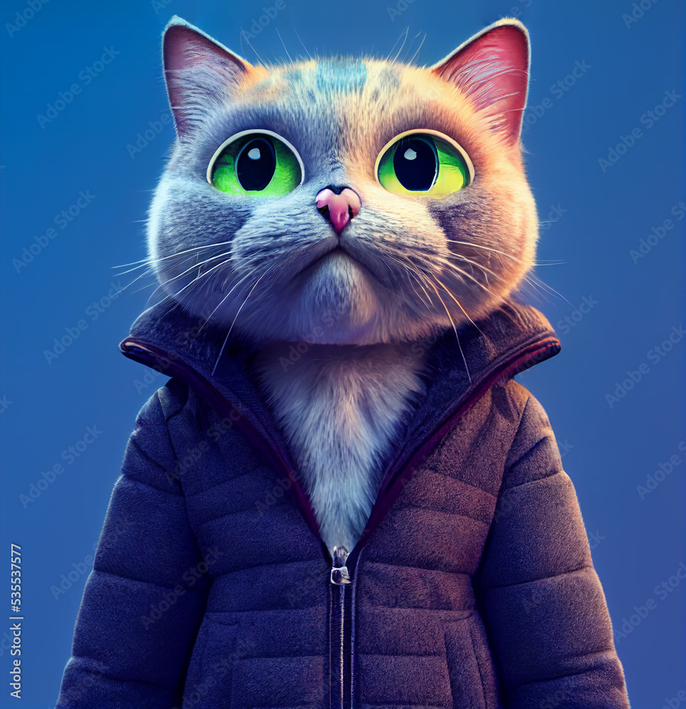 Art drawing of chic cat charisma wearing coat, wearing sunglasses