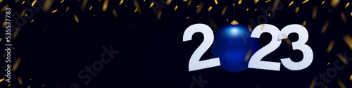 Happy New Year 2023. Silver numbers and a blue glass ball on a dark blue background. Holiday card design with golden confetti, banner for website