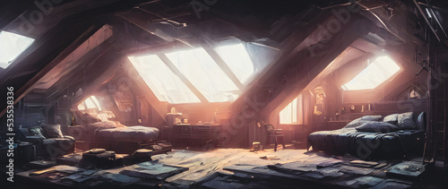 Artistic concept painting of a attic interior, background illustration.