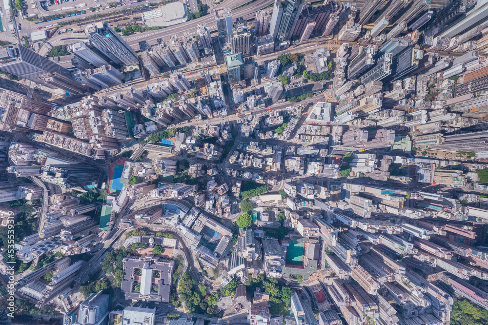 Epic aerial topview of the downtown area near Sai Ying Pun and Sheung Wan, Hong Kong