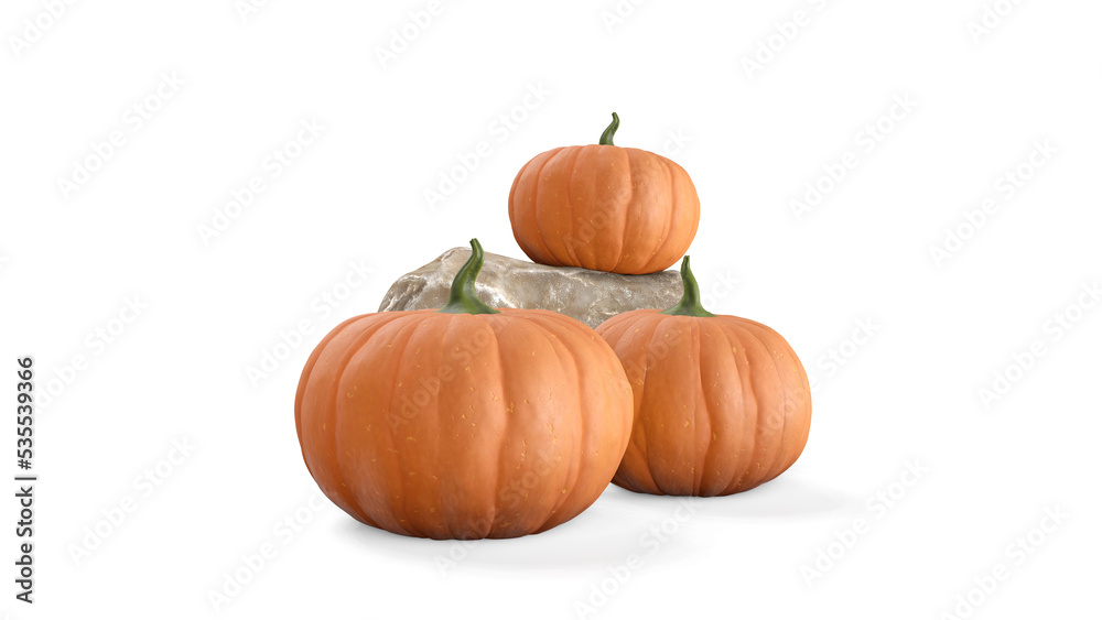 Obraz premium 3d rendering halloween concept. Three Pumpkins on a Cream white background. Autumn themed Banner with copy-space. Halloween or autumn banner advertising. 3d render