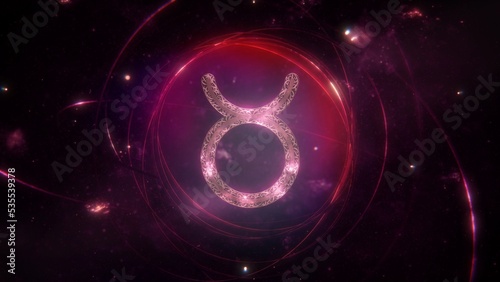 Foto Taurus zodiac sign as golden ornament and rings on purple violet galaxy background