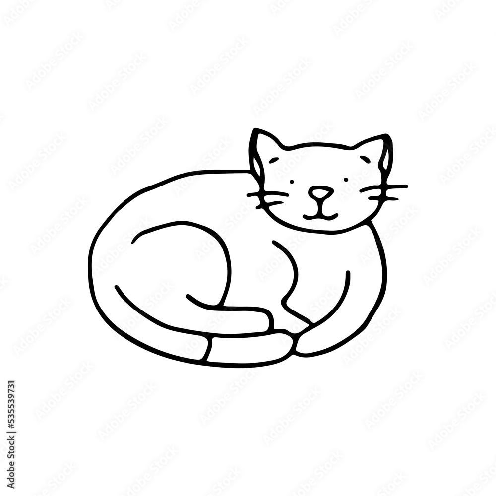 Cute cat lies curled up. Kind and fluffy pet. Doodle style. Hand drawn. Vector illustration. Outline. The kitten is resting. Cute cat lies curled up. Kind and fluffy pet. Doodle style. Hand drawn. Vector illustration. Outline. The kitten is resting.