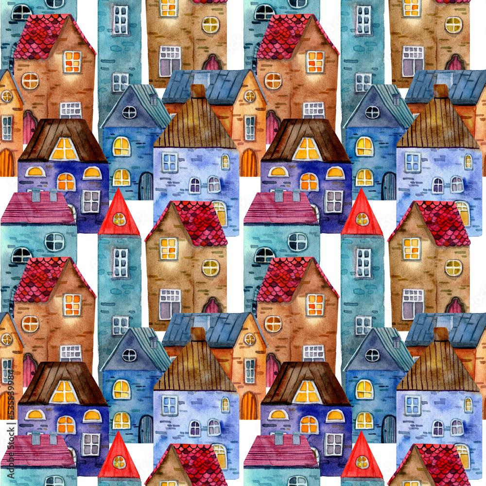 Fototapeta premium Watercolor Seamless pattern with hand drawn medieval houses. Stone house. Old Europe town street view. Design for tourists goods, backgrounds, covers. illustration in cartoon style for kids books.