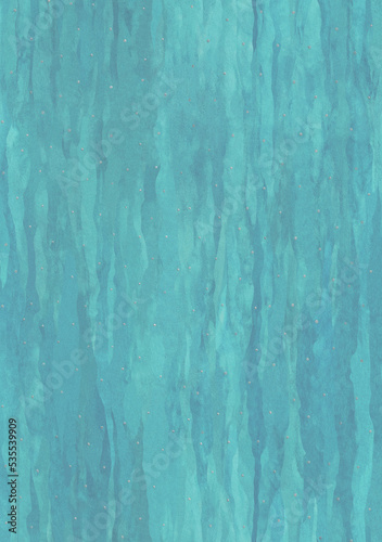Watercolor spotted seamless pattern with silver dots. Abstract turquoise wavy lines with silver dots. Textured teal blue background. Blue template for design, textile, wallpaper.