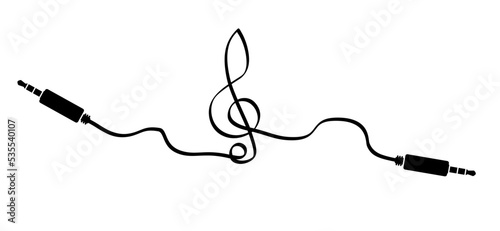 Cartoon audio jack plug, 35 mm. Stereo audio cable, jack connector. Vector music sound note. Audio element or tools. Plug wire logo or symbol. Wave line pattern.