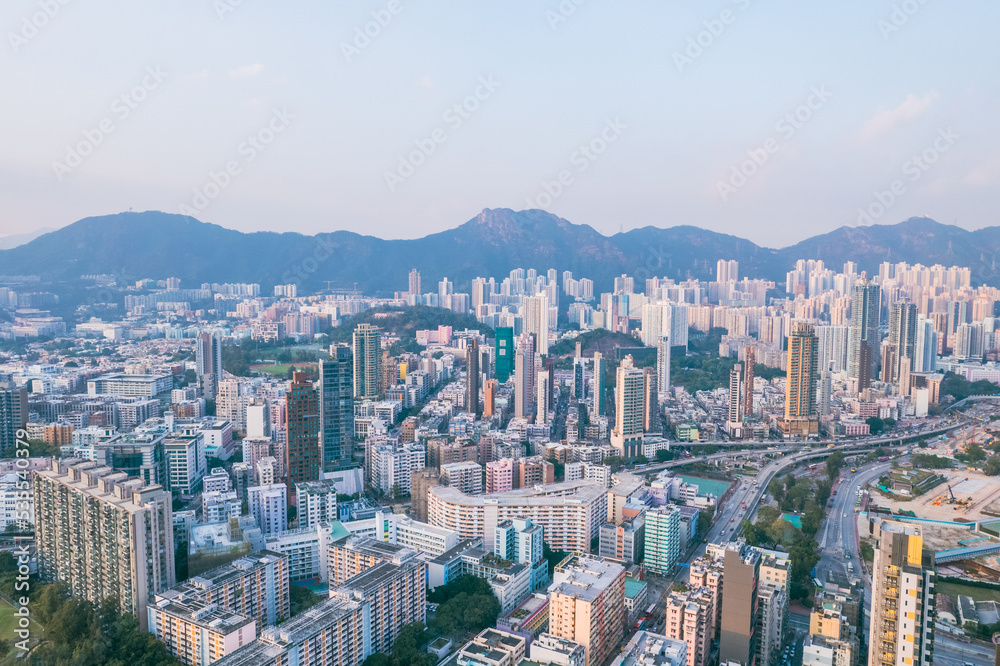 Epic aerial panorama of downtown near Tokwawan, Kowloong, Hong Kong