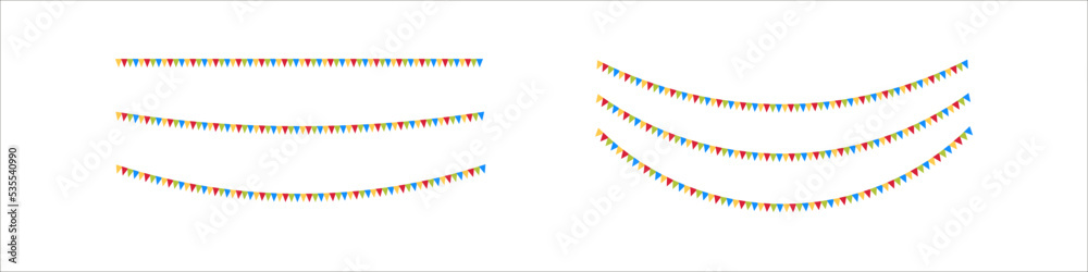 Obraz premium Party flags. Colorful garland. Happy birthday background. Carnival isolated banner. Hanging party flags line on white background.